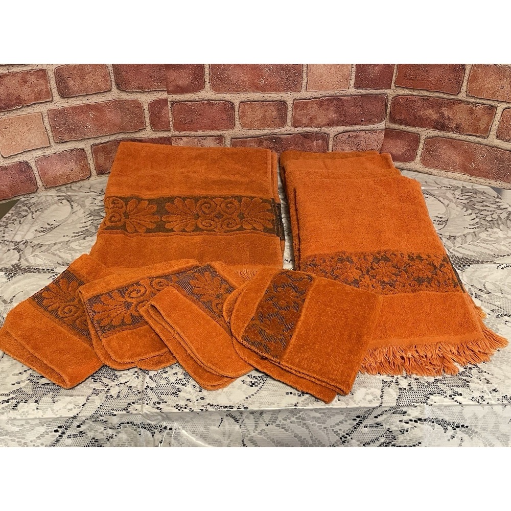 Vintage Cannon Monticello Burnt Orange Towel Set 7pc Fringed Floral MCM Retro